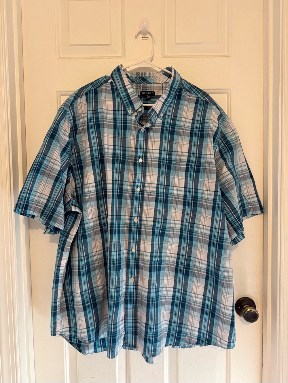 George Men’s Short-Sleeve Plaid Button-Down Shirt - Teal/White